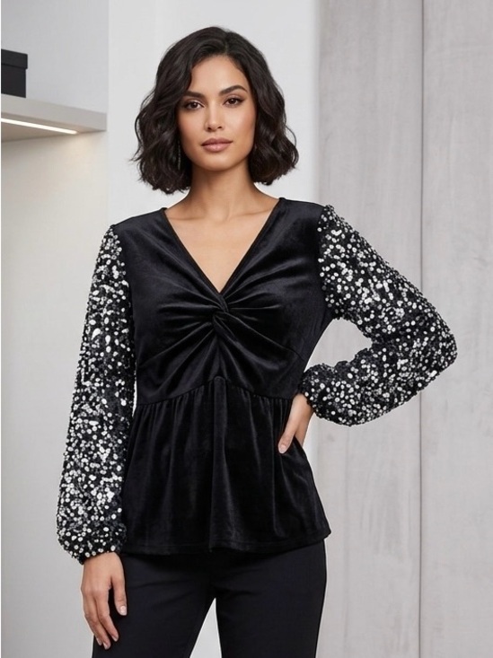 Tops - (XL-2x) Black Stretchy Velvet Twist-Front Top with Sequin Sleeve Detail NWT